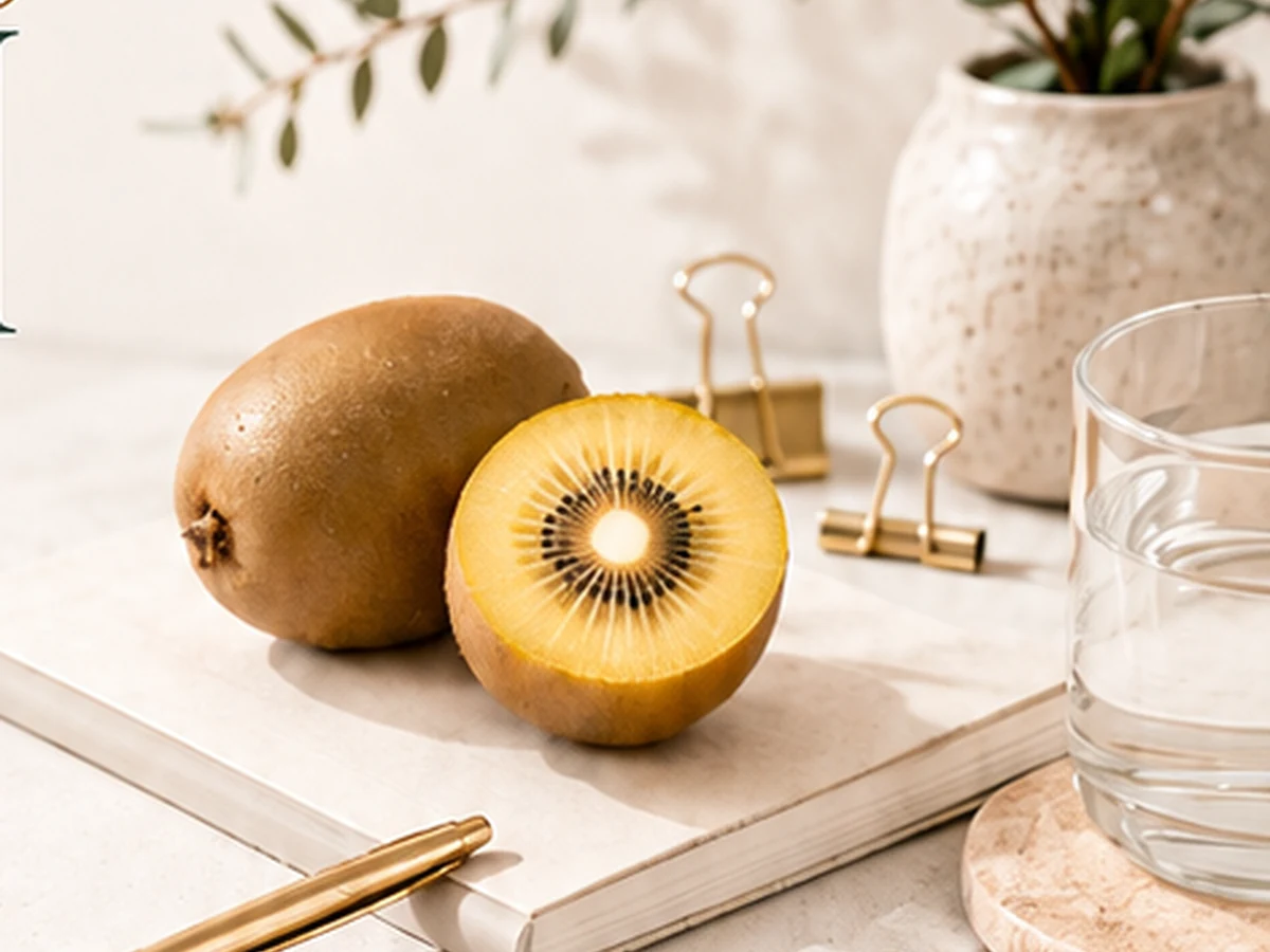 Dos kiwis golden sobre una mesa de trabajo elegante